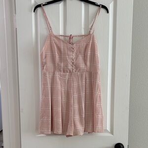 Pink Plaid Spaghetti Strap Pleated Romper